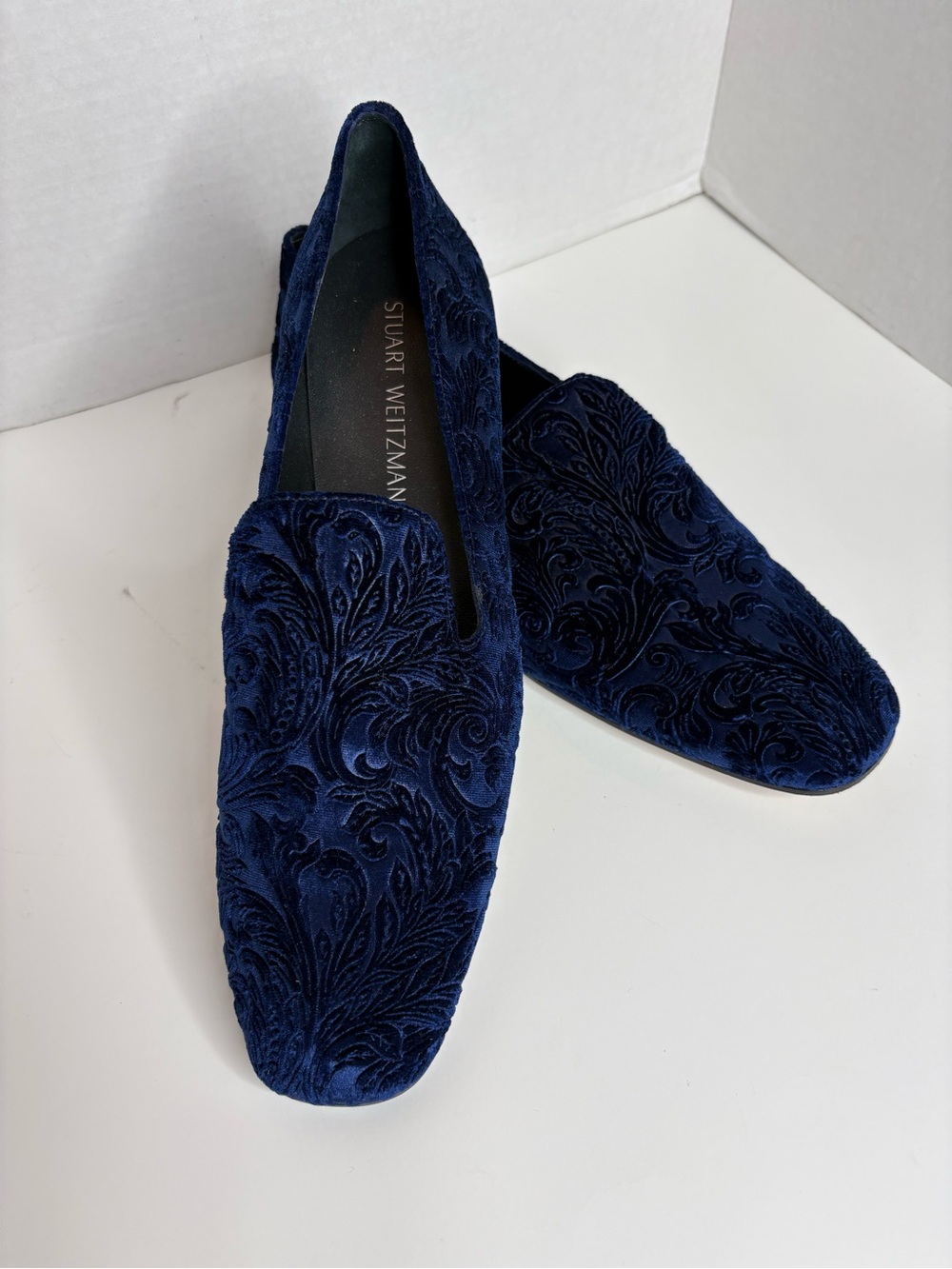 Stuart Weitzman Deep Navy Embossed Velvet Loafers